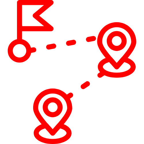 Red icons of a flag, a path with dashed lines, and two location markers on a black background.