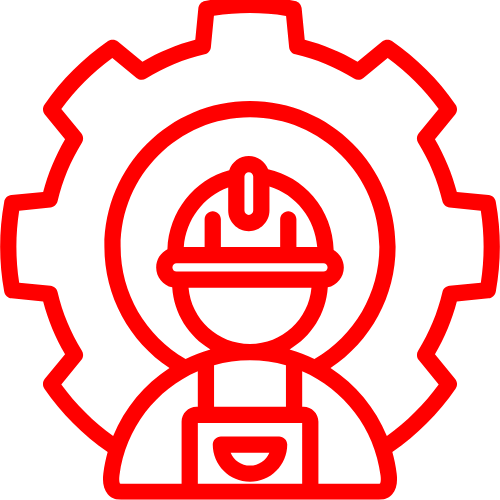 Outline of a person wearing a hard hat and apron, enclosed in a gear symbol, depicted in red