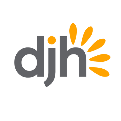 The DJH logo with gray lowercase letters and orange petal-like shapes extending from the top right of the letters.