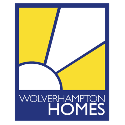 Wolverhampton Homes logo with a blue border, yellow and white geometric shapes, and the text 'Wolverhampton Homes' at the bottom.