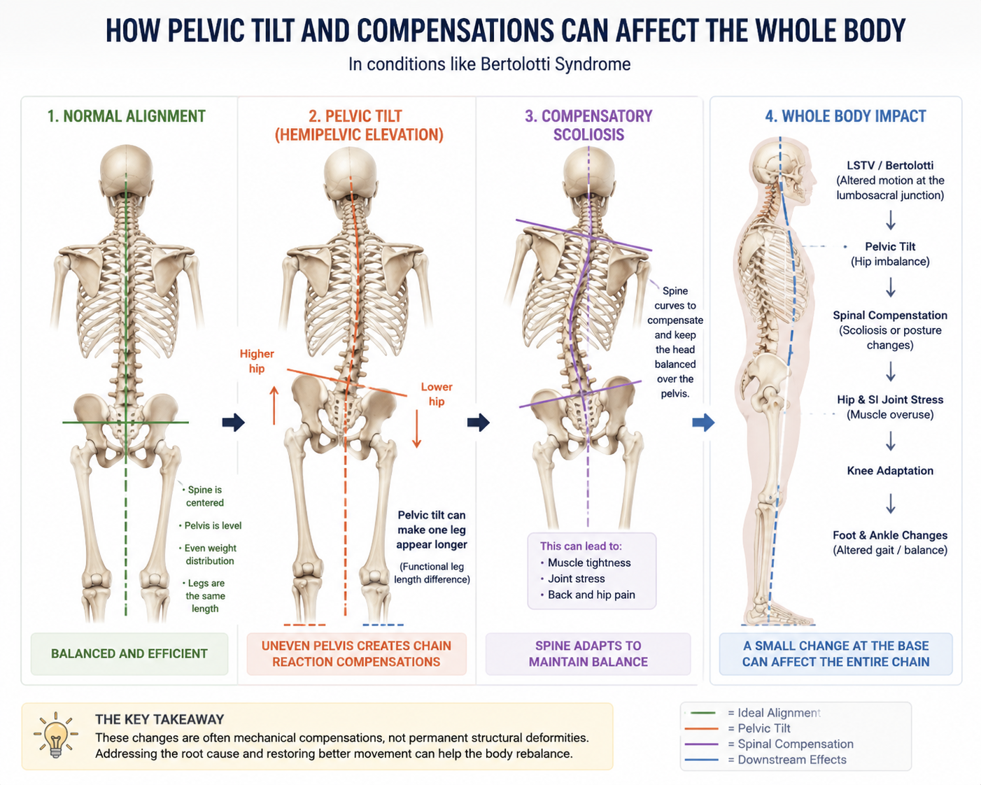 A chart illustrating how pelvic tilt and compensations can affect the entire body, especially in conditions like Bertolotti Syndrome. It shows four stages: normal alignment with a centered spine and level pelvis; pelvic tilt with higher and lower hips causing one leg to appear longer; compensatory scoliosis where the spine curves to maintain balance; and whole body impact with altered motion at the lumbar-sacral junction, pelvic tilt, spinal scoliosis, hip and joint stress, knee adaptation, and changes in gait and balance.