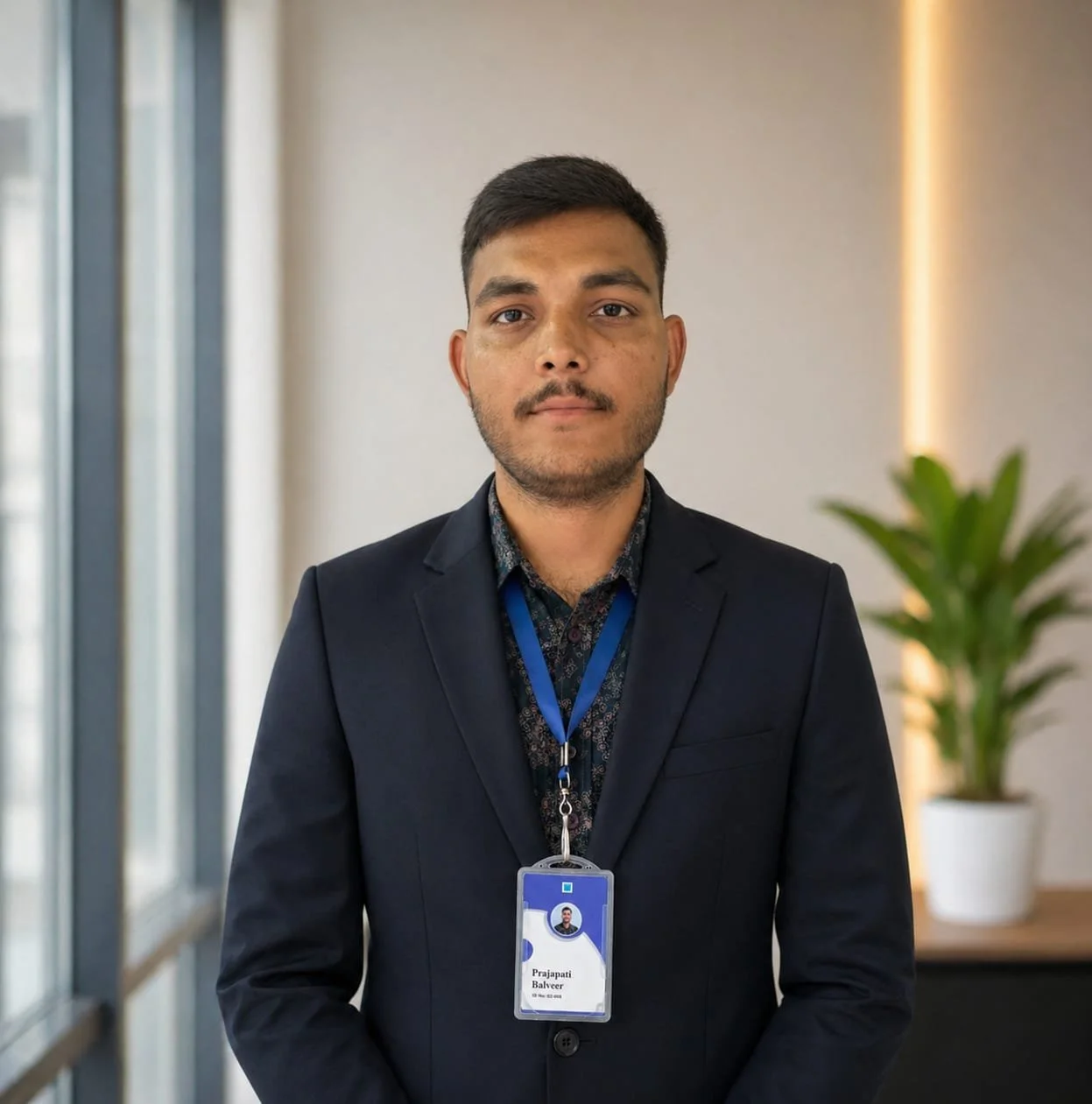 A man wearing a dark suit with a badge around his neck standing in an office setting with a window and a potted plant behind him.