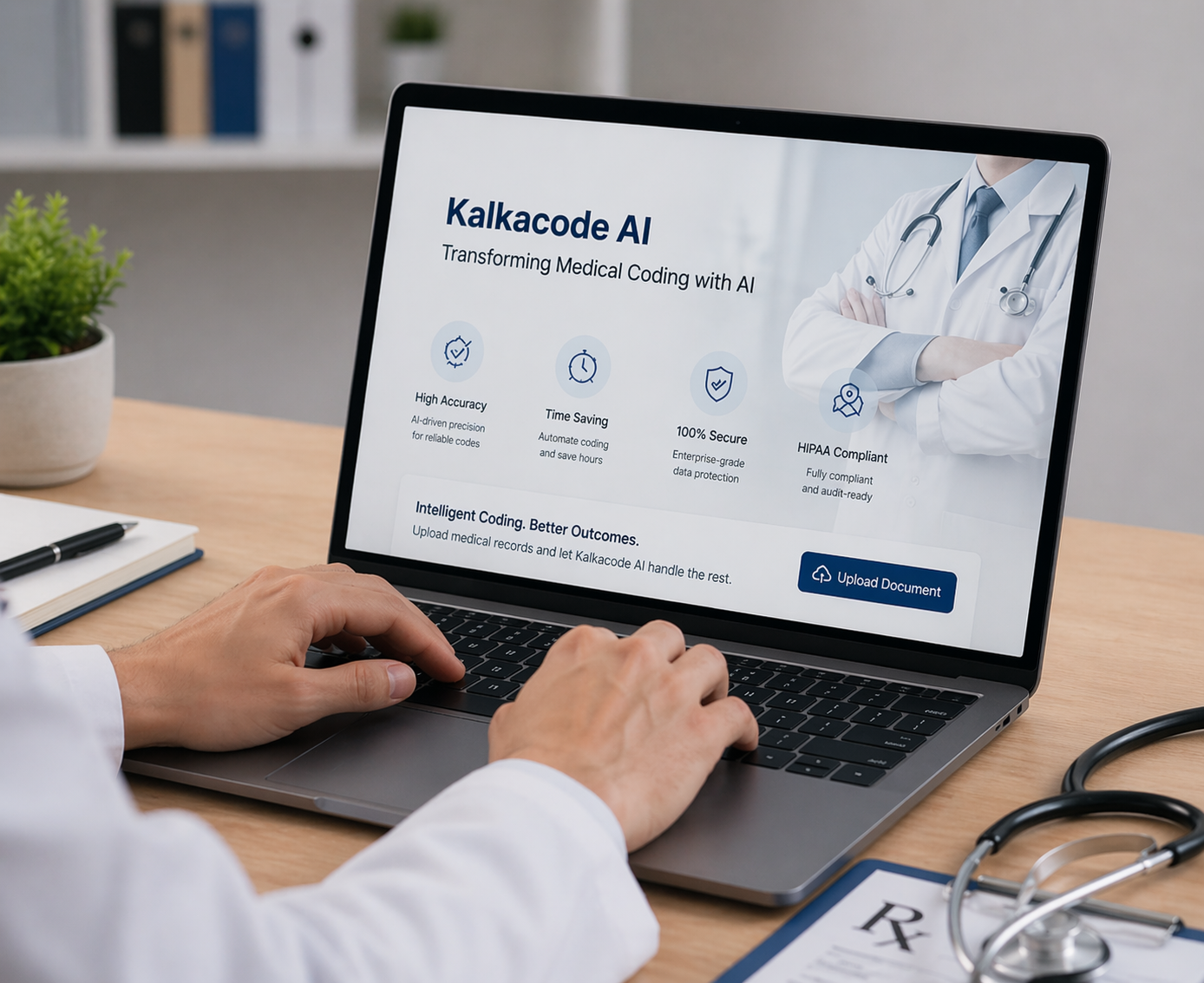 A doctor in a white coat using a laptop to view a webpage about Kalkacode AI, a medical coding tool, in a medical office with a stethoscope, a plant, and a prescription pad on the desk.