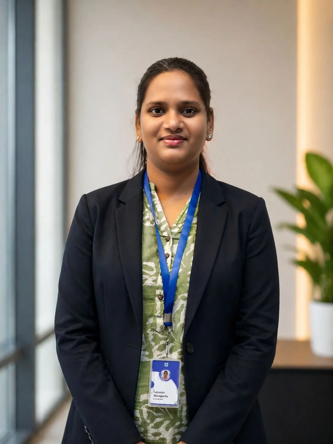 A professional woman standing indoors, wearing a blazer and a green patterned blouse, with a conference badge hanging around her neck.