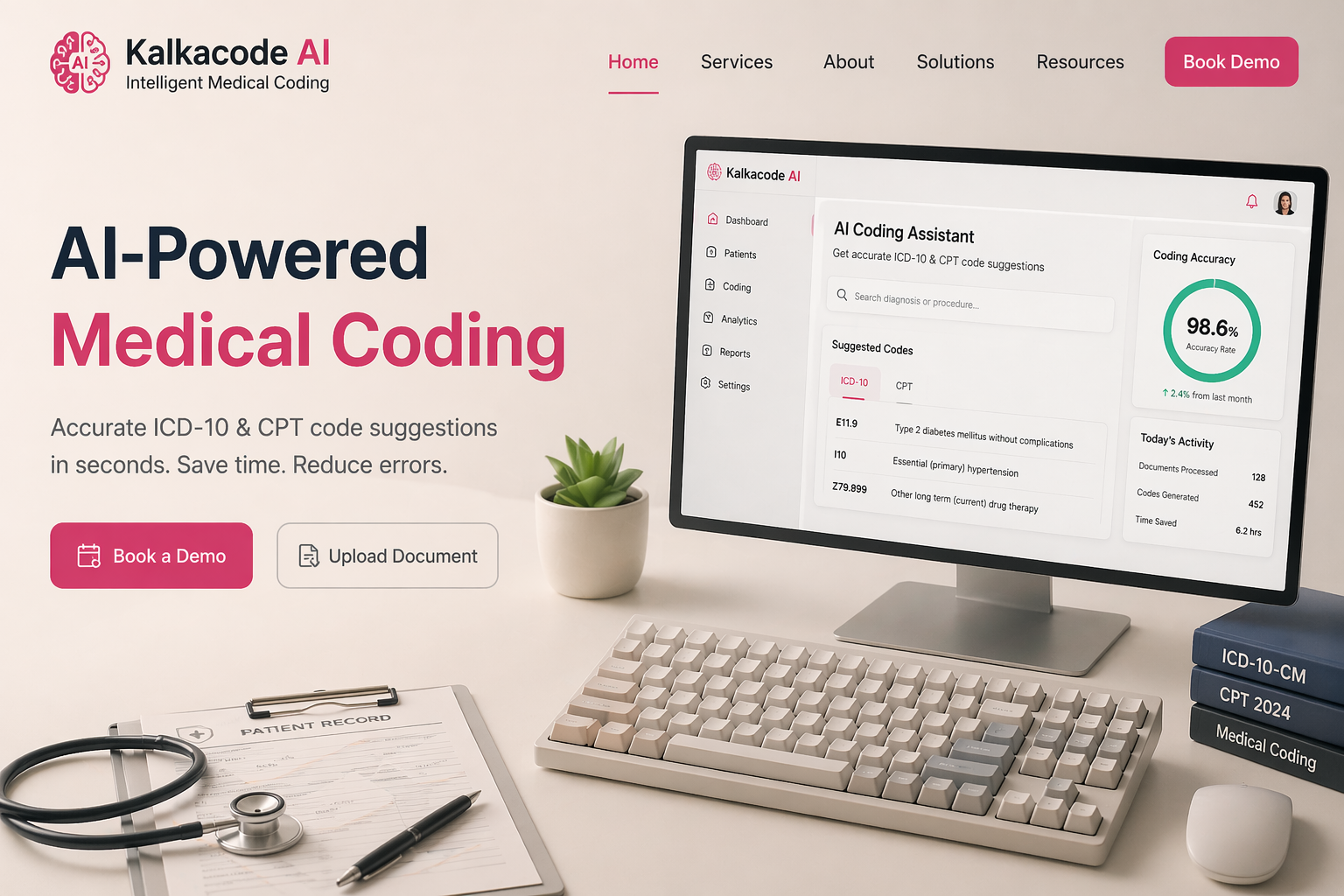 Website homepage of Kalkacode AI, featuring AI-powered medical coding services. The page displays a computer monitor with a medical coding interface, a keyboard, some medical reference books, a patient record form, a stethoscope, a pen, and a small plant. Navigation menu includes Home, Services, About, Solutions, Resources, and a Book Demo button.