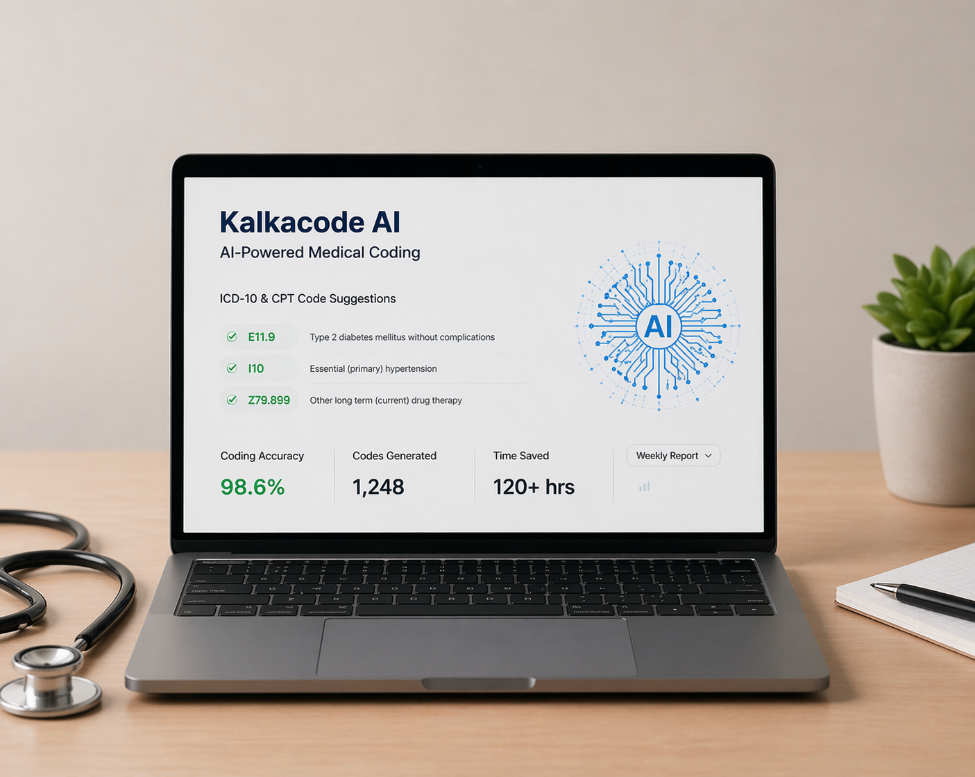 Laptop displaying medical AI coding suggestions with statistics, a stethoscope, a notepad, and a potted plant on a wooden desk.