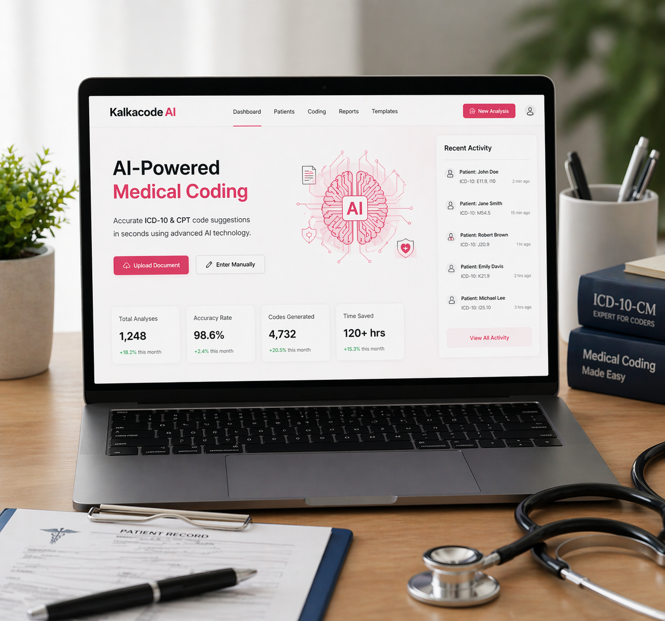 Laptop displaying an AI-powered medical coding software interface on a wooden desk surrounded by a stethoscope, medical books, patient records, pens, and a potted plant.