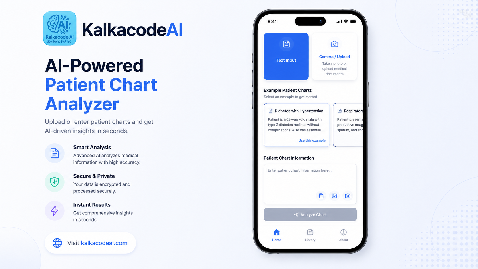 A promotional image for KalkaCode AI shows a mobile phone displaying an app interface with options for text input and camera upload, focused on analyzing patient charts. The left side highlights features: smart analysis, secure and private data, instant results, and a website link calkacodeai.com.