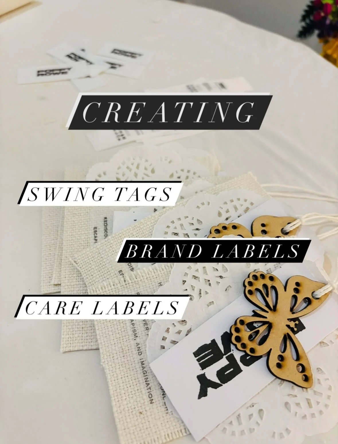 The process of creating swing tags, care labels and brand labels for my upcoming collection 🧵