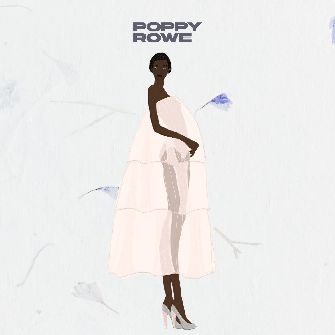 Look 2 - A strapless, multi-layered tulle dress, paired with an underlaying body suit.

The bodice will be made from ivory silk delustered satin. 

The skirt will be composed of white polyester tulle, inspired by the airy silhouette and translucence 