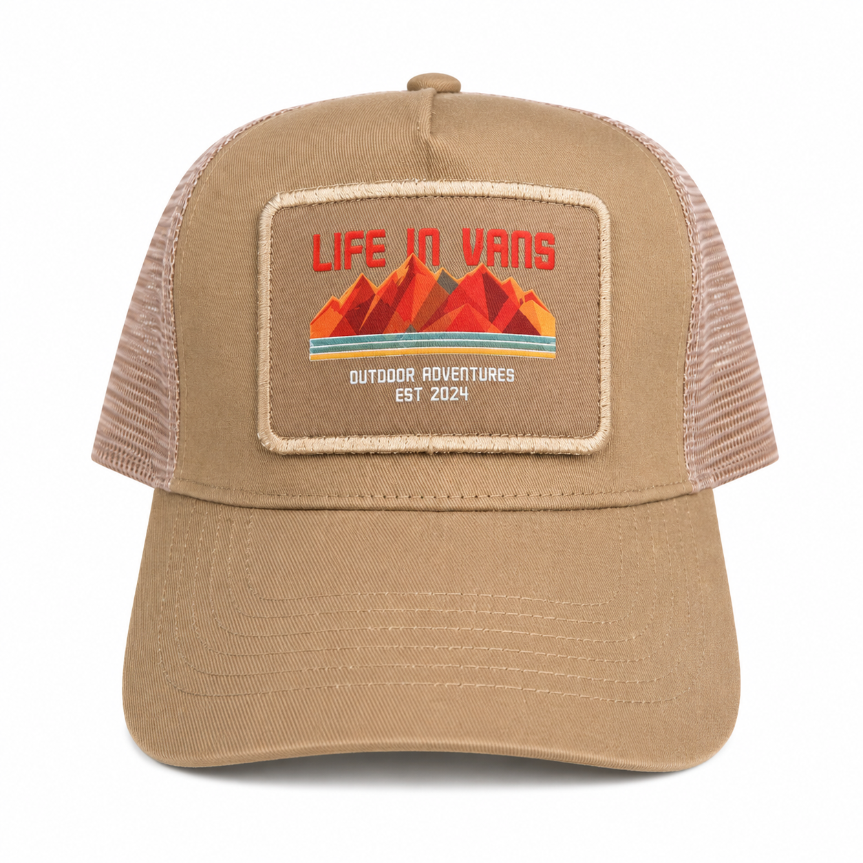 Life In Vans Outdoor Adventures Removable Patch 5 Panel Cap - Desert Sand with Orange writing