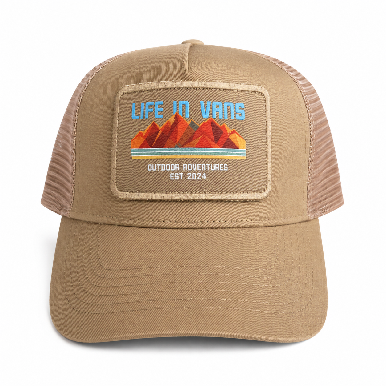 Life In Vans Outdoor Adventures Removable Patch 5 Panel Cap - Desert Sand with Blue writing
