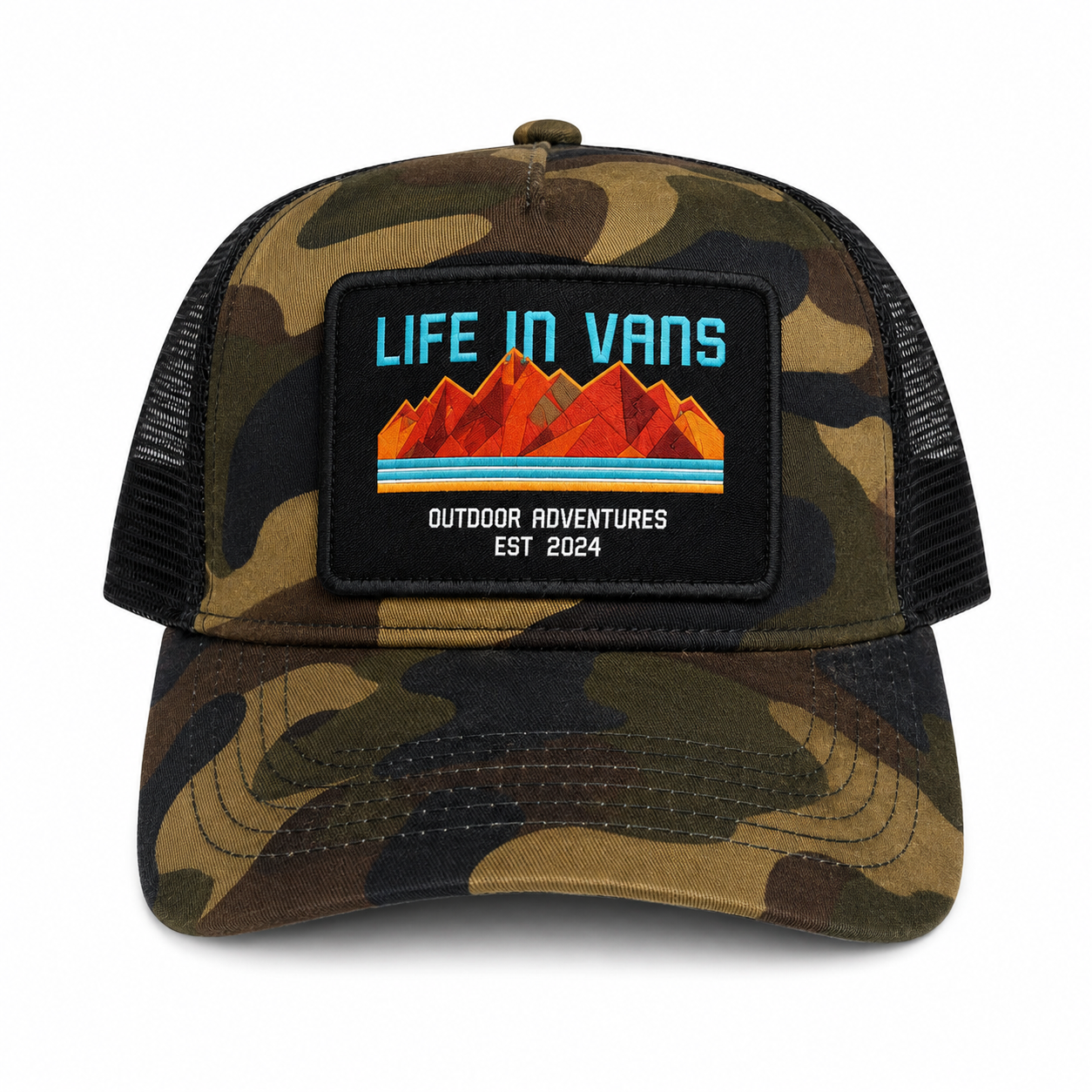 Life In Vans Outdoor Adventures Removable Patch 5 Panel Cap - Camo with Blue writing