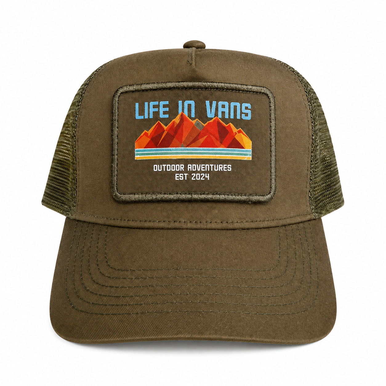 Life In Vans Outdoor Adventures Removable Patch 5 Panel Cap - Military Green with Blue writing