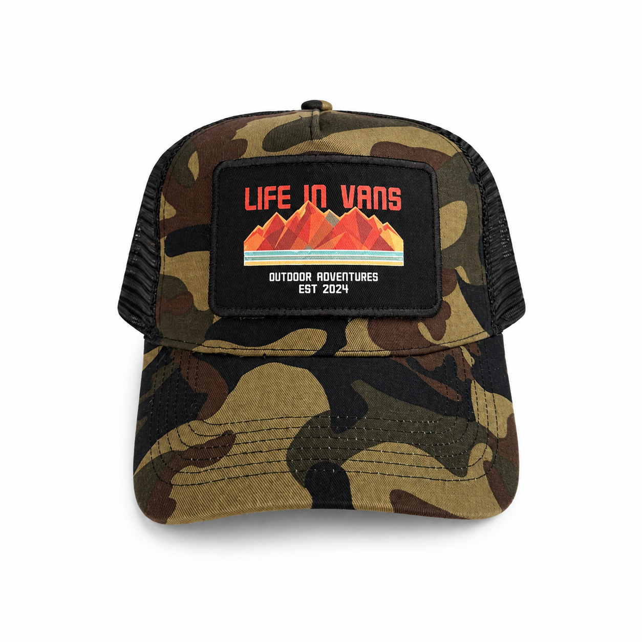 Life In Vans Outdoor Adventures Removable Patch 5 Panel Cap - Camo with Orange writing