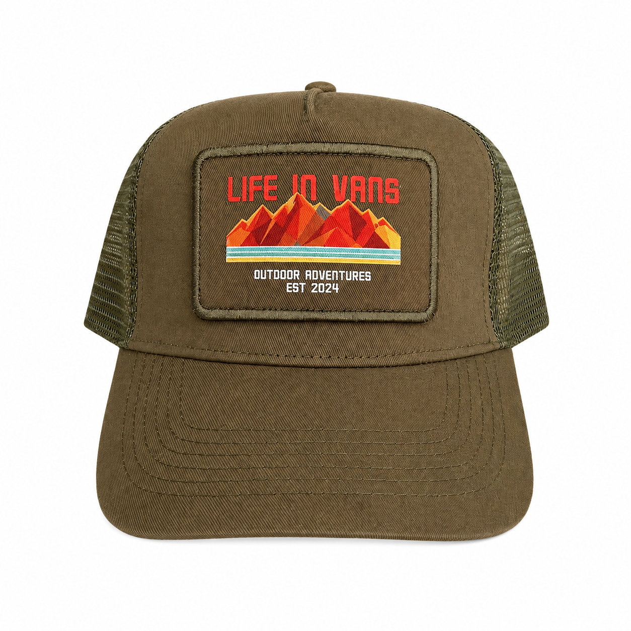Life In Vans Outdoor Adventures Removable Patch 5 Panel Cap - Military Green with Orange writing
