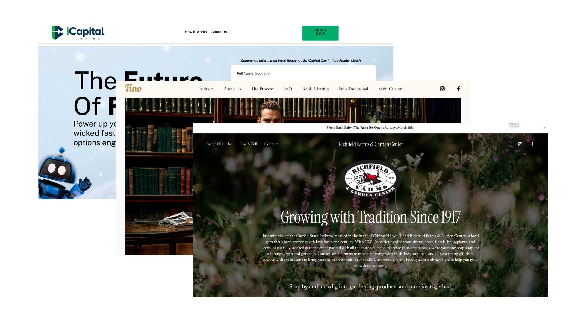 Overlapping website pages with different themes, including finance, a library or bookstore, and a garden center, layered in a collage style.