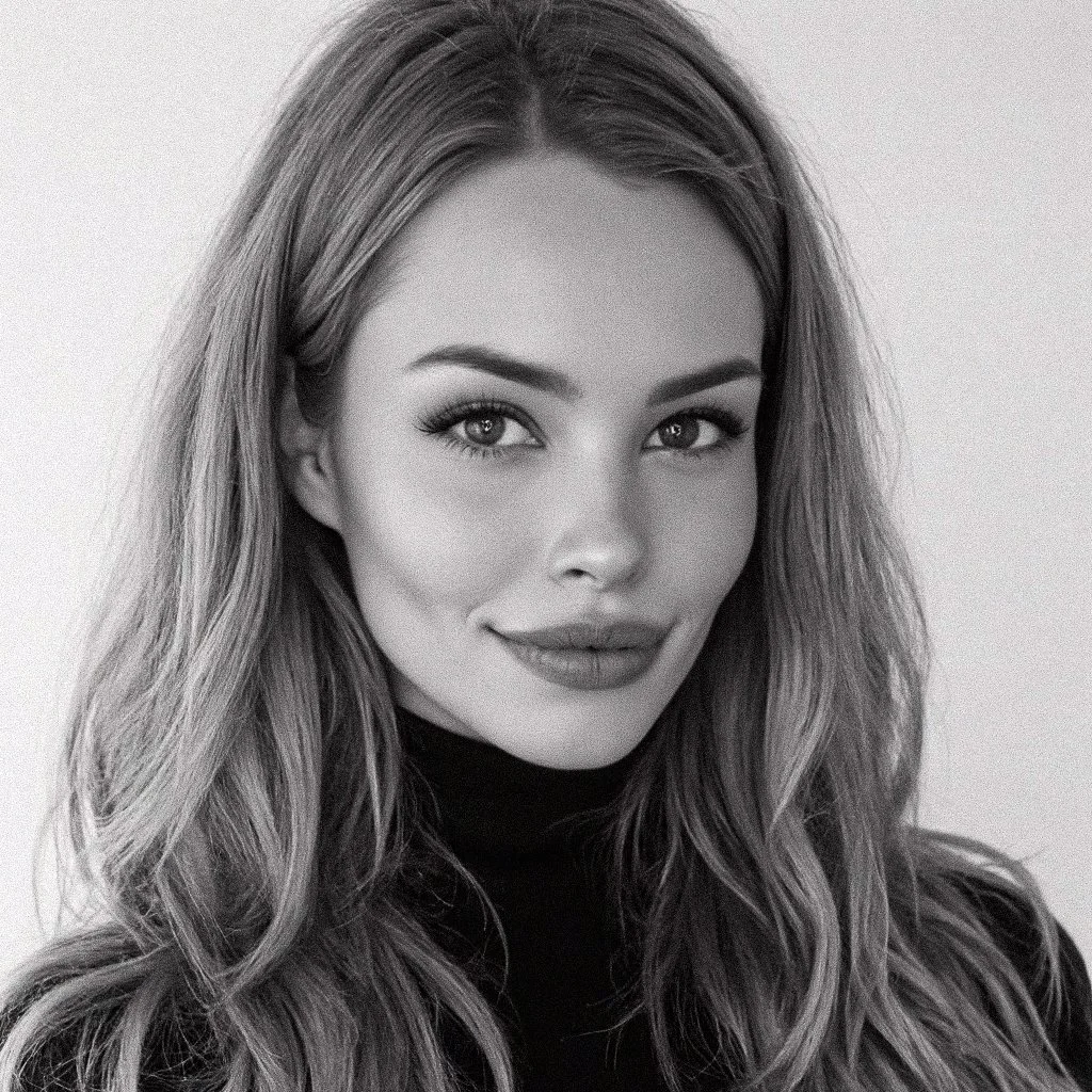 Black and white portrait of a woman with long wavy hair, wearing a dark turtleneck, smiling slightly, looking at the camera.