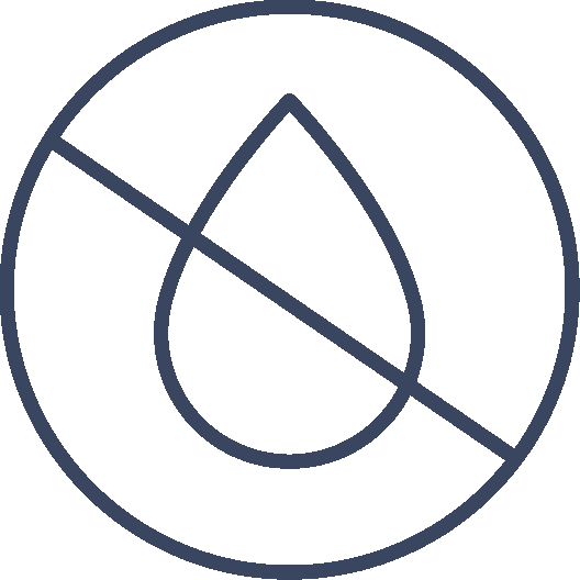 A black and white icon of a water droplet with a slash through it indicating no water or water restriction.