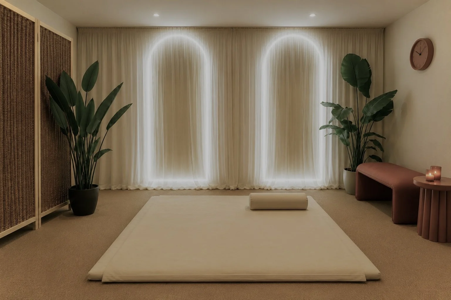 A minimalist yoga or meditation room with cream-colored curtains and soft lighting, including potted plants, a foldable mat, a pink bench, candles, and a wall clock.