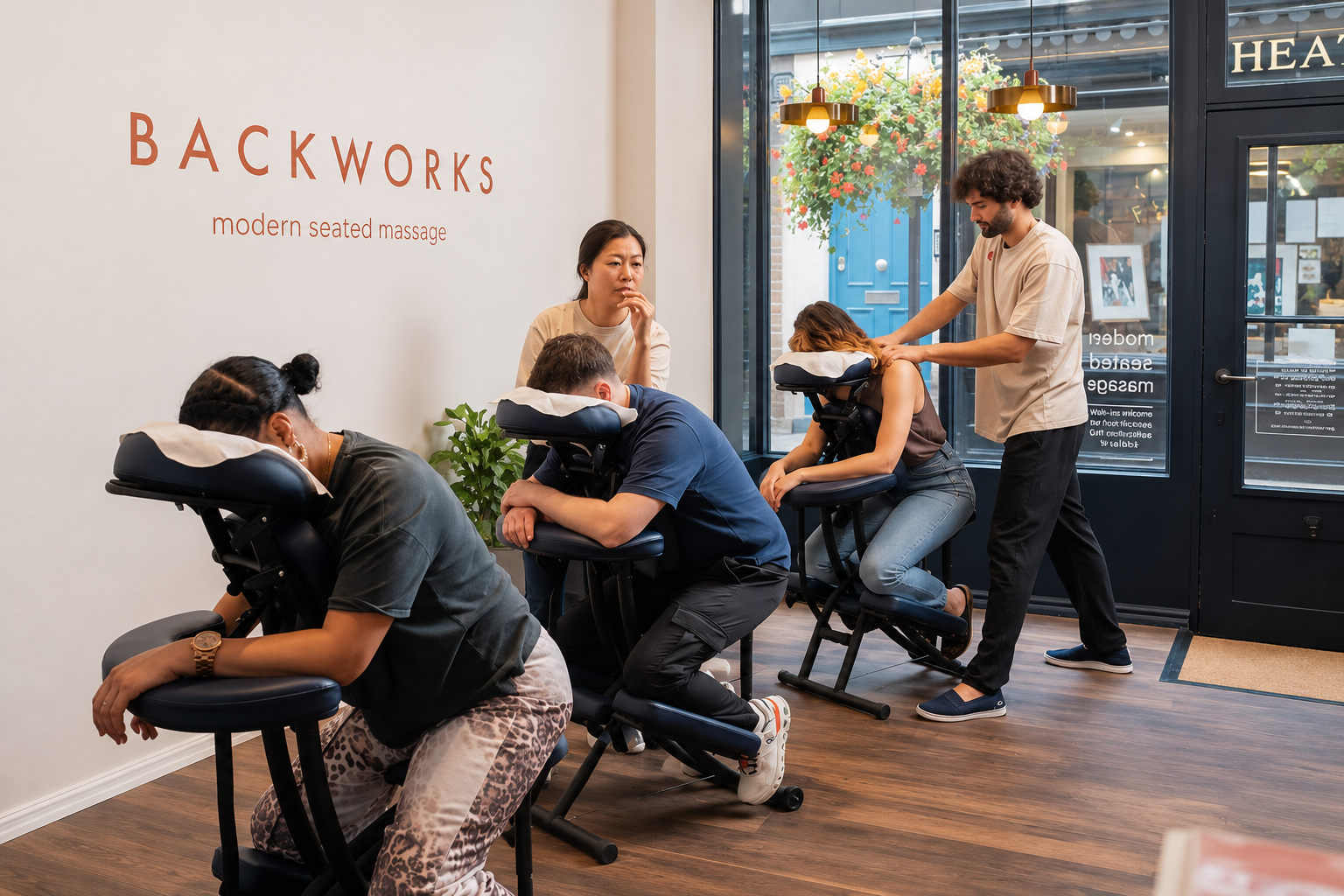 People receiving seated massages in a modern massage studio with a sign on the wall that reads 'BACKWORKS modern seated massage'.