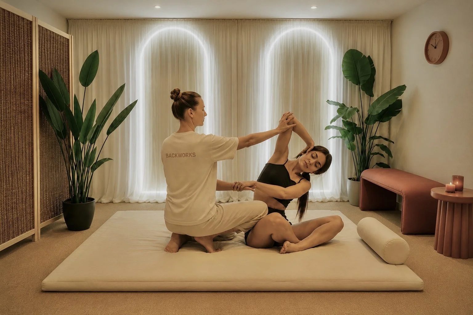 Two women practicing yoga on a mat in a cozy, well-lit room with large potted plants, curtains, and candles.