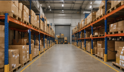 Warehouse aisle with metal shelves filled with cardboard boxes on both sides, concrete floor, and an open loading dock in the background.