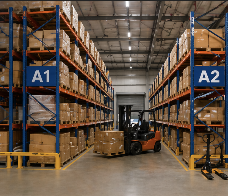 Warehouse storage with high shelves labeled A1 and A2 filled with stacked boxes, a forklift moving a pallet, and other warehouse equipment.