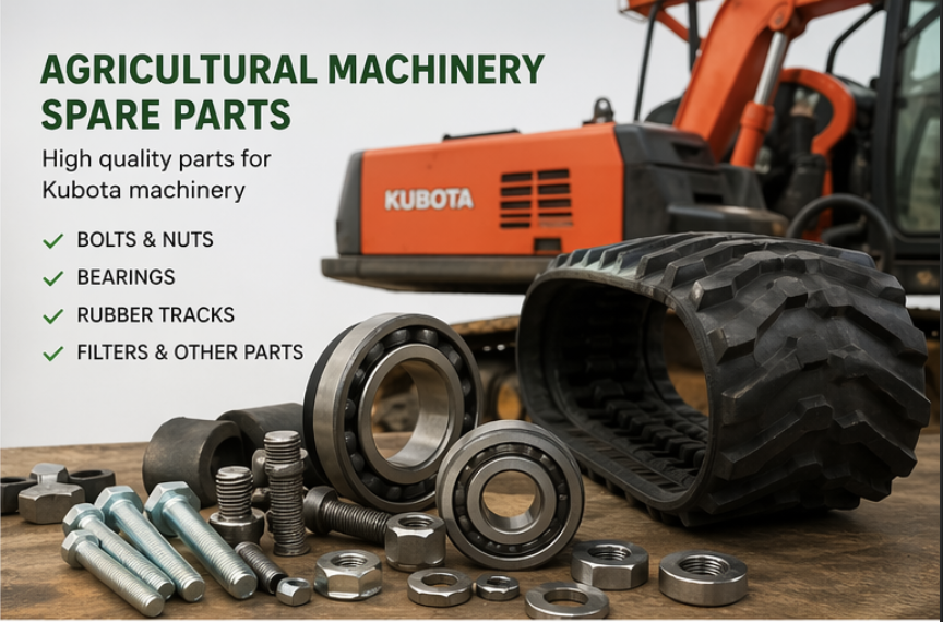 Agricultural machinery spare parts, including bolts, nuts, bearings, rubber tracks, and filters, displayed in front of a Kubota tractor.
