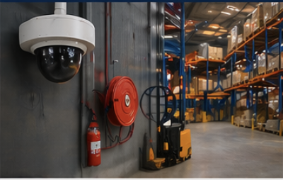 Warehouse with security camera, fire extinguisher, fire hose reel, and shelving units with boxes.