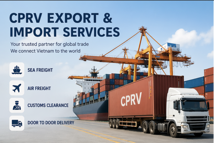 A graphic promoting CPRV export and import services featuring a cargo ship loaded with containers, a truck with a container labeled CPRV, and icons for sea freight, air freight, customs clearance, and door-to-door delivery.