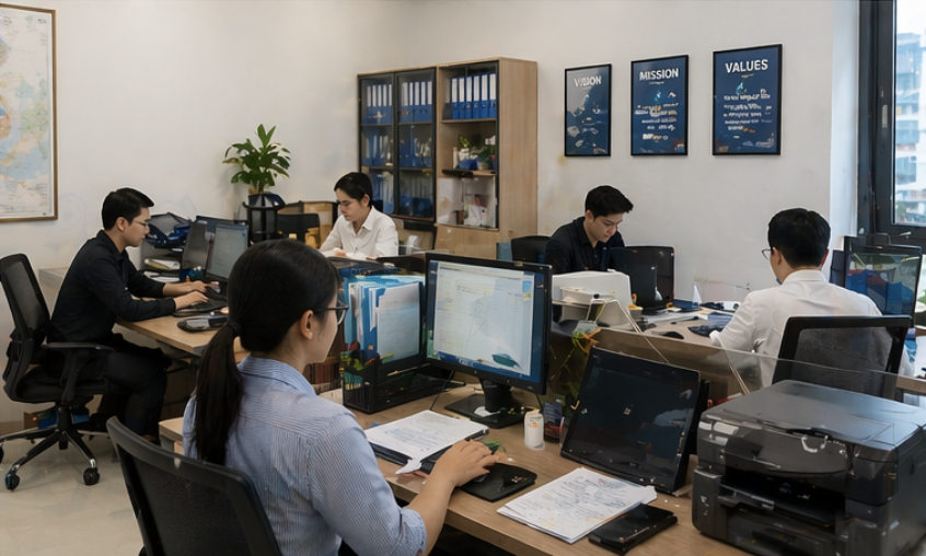 A modern office with five employees working at their desks, computers, and office supplies. The office has a wooden cabinet, framed mission and value posters on the wall, and a large window.