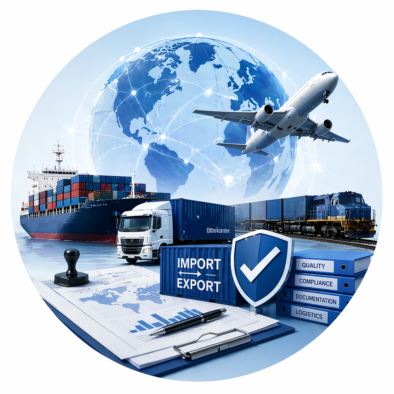 Global trade and logistics concept with a shipping container, cargo ship, truck, train, airplane, and a globe with network connections, along with import/export symbols, a shield with a checkmark, and files labeled quality, compliance, documentation, and logistics.