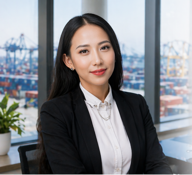 A professional woman with long dark hair, wearing a black blazer and white blouse, sitting at a desk in an office with large windows showing a shipping port with cranes and containers in the background.