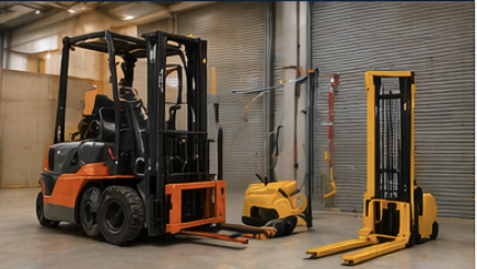 An indoor warehouse with a forklift, a pallet jack, and a yellow electric cart near a large metal roll-up door.