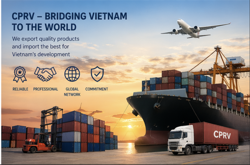 Cargo ship at port with containers, forklift, truck, airplane flying overhead, and sunset sky, promoting Vietnam's export development.