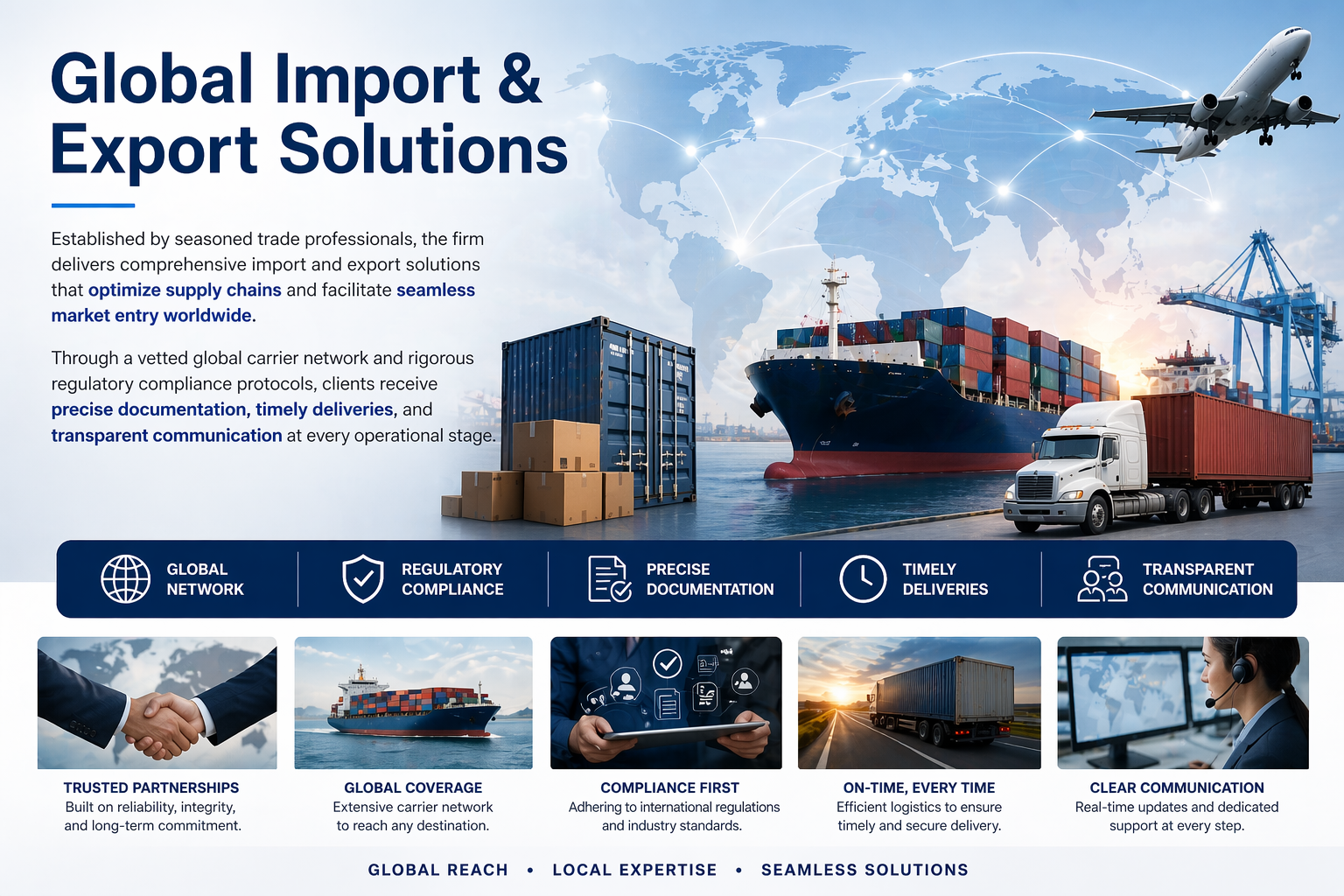 Digital infographic showcasing global trade and logistics. Includes a world map, airplane, cargo ship, truck, and shipping port. Highlights import and export solutions with icons for network, compliance, documentation, delivery, and communication.