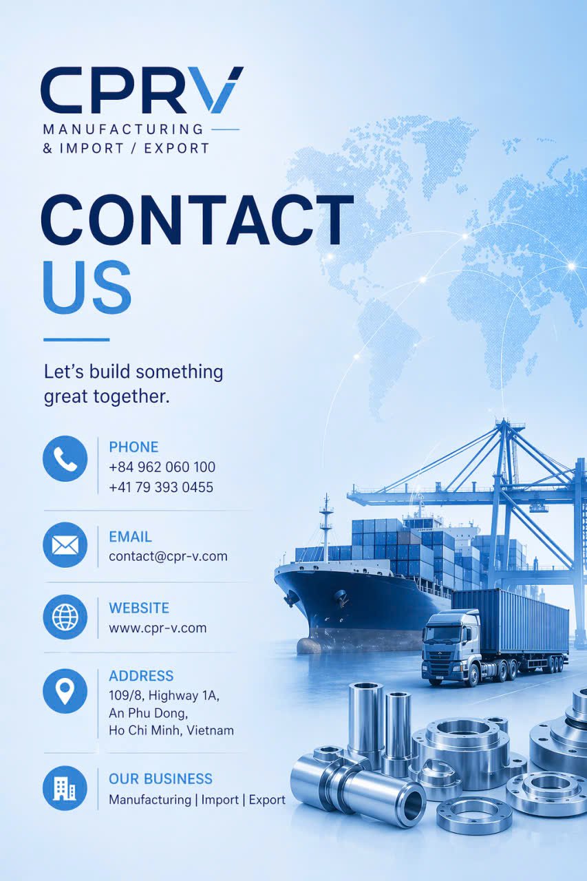 Business contact information for CPRV, a manufacturing, importing, and exporting company, featuring a world map, a cargo ship, a truck, and industrial parts.