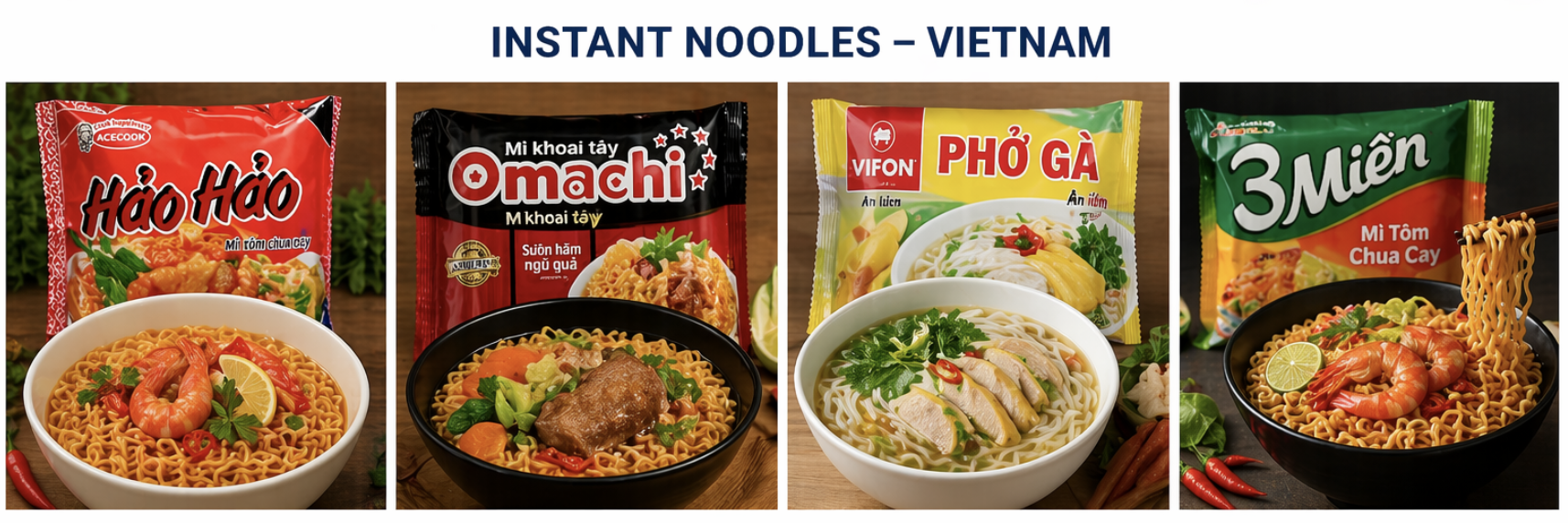 Four different bowls of Vietnamese instant noodles each with a package of noodles in the background. The first bowl has shrimp and lemon in a red package labeled "Hảo Hảo." The second bowl features vegetables and meat with a black package labeled "Omatchi." The third bowl contains sliced chicken and vegetables with a yellow packet labeled "Phở Gà." The fourth bowl has shrimp and noodles with a green package labeled "3 Miên." Each bowl is served with garnishes such as herbs and chili peppers.