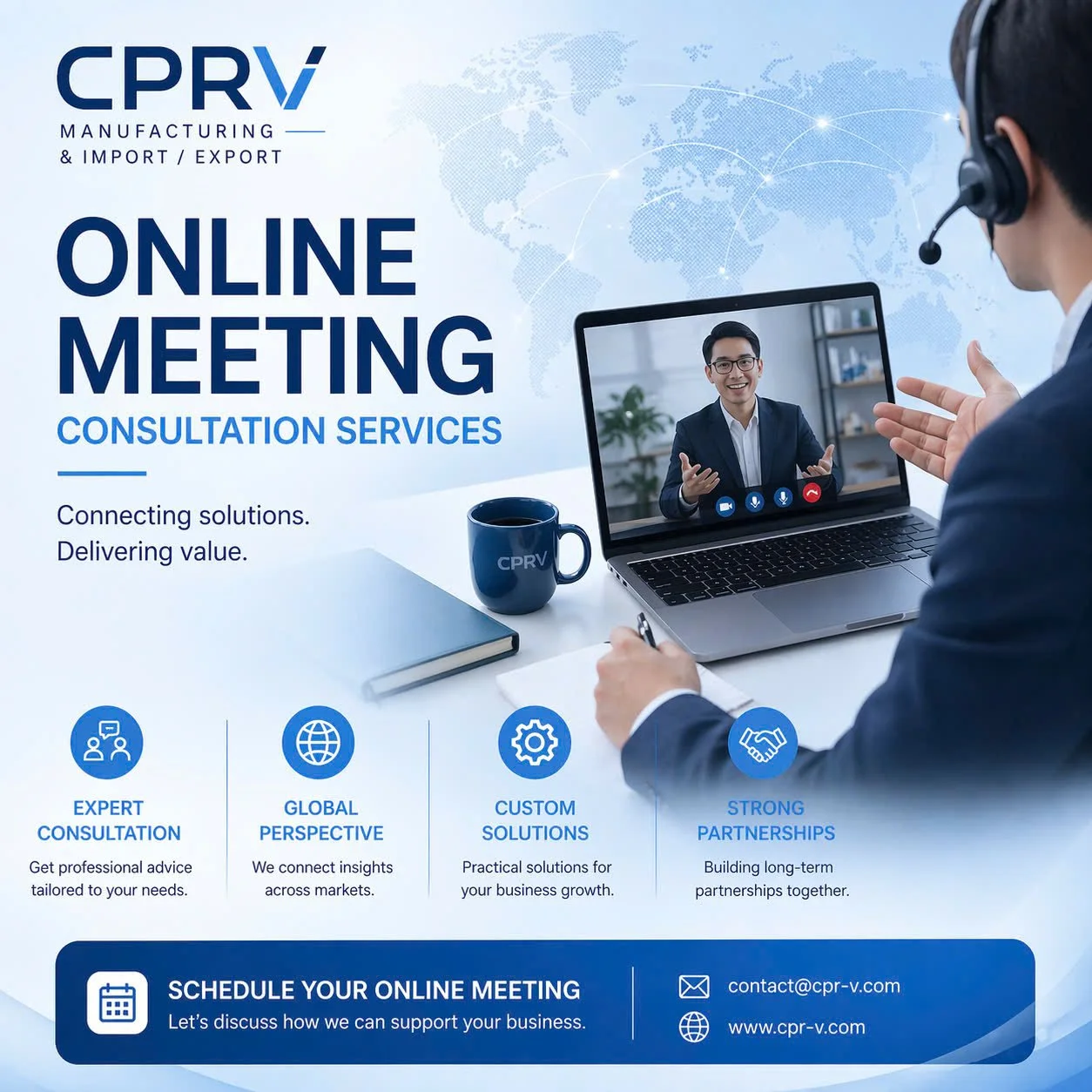 Advertisement for CPRV online meeting consultation services showing a person in a suit with a headset conducting a video call on a laptop, with a world map background and icons representing expert consultation, global perspective, custom solutions, and strong partnerships.