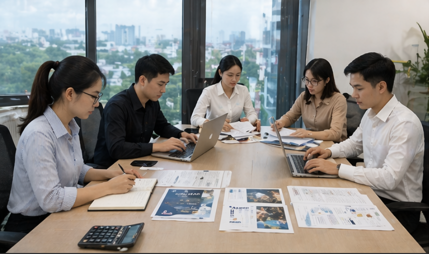 Five young professionals sitting around a conference table in a high-rise office, collaborating and working with laptops, documents, and notebooks as they have a meeting.