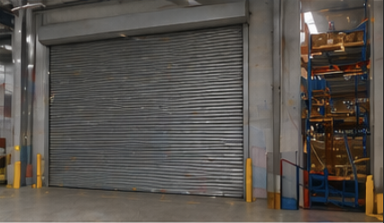 Closed metal roll-up door in an industrial warehouse with yellow safety posts on either side.
