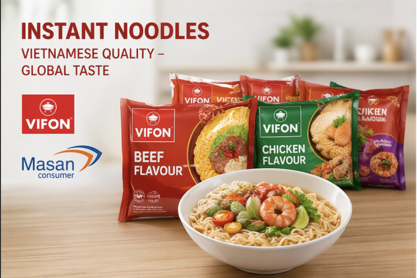 A bowl of prepared instant noodles with vegetables and shrimp, in front of four packets of VIFON instant noodle flavors: beef, chicken, and two other flavors, on a wooden surface with a blurred kitchen background.