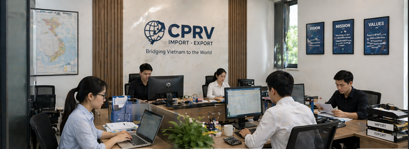 A business meeting in a modern office with five employees working at a large table, and a wall bearing the CPRV logo, a map of Vietnam, and framed posters about vision, mission, and values.