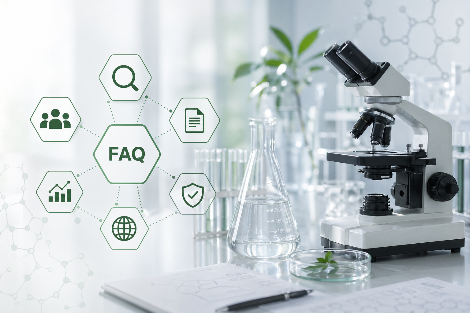 Scientific research environment with laboratory equipment, representing frequently asked questions on evidence evaluation, product claims, and regulatory considerations.