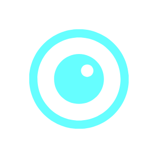 A simplified icon of a camera lens with a light blue center and outer ring, and a black background.