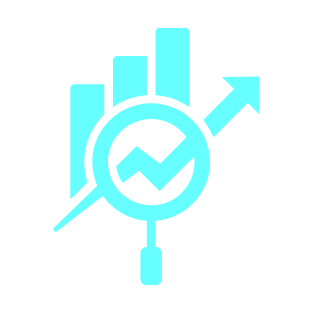 Light blue bar chart with an upward arrow and a magnifying glass with a rising line graph inside it, symbolizing growth or analytics.