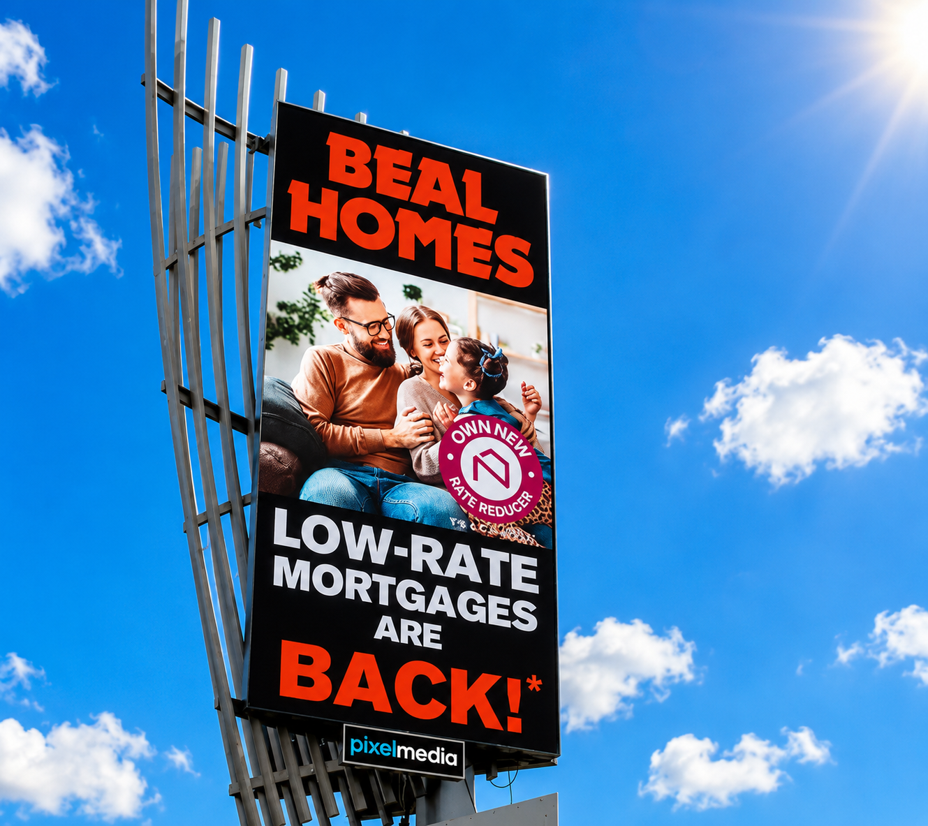 Billboard advertising low-rate mortgages with the text 'Beal Homes' and 'Back' under a bright blue sky with clouds.
