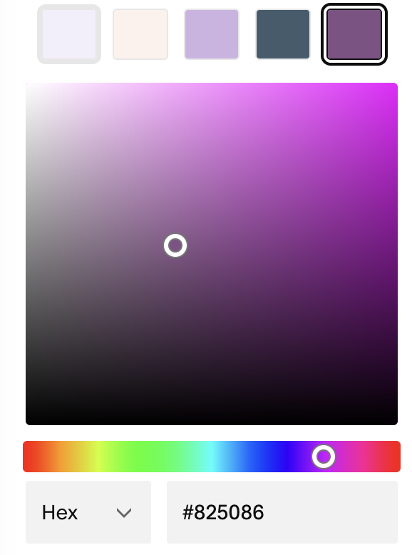 Color palette with five shades, from light purple to dark purple, and a larger square displaying a gradient of purple shades, with the color code #825086.