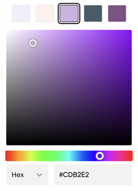 Digital color palette with shades of purple, gray, and blue, and a large gradient square displaying a purple to black gradient. The selected color is #CDB2E2, a light lavender shade.